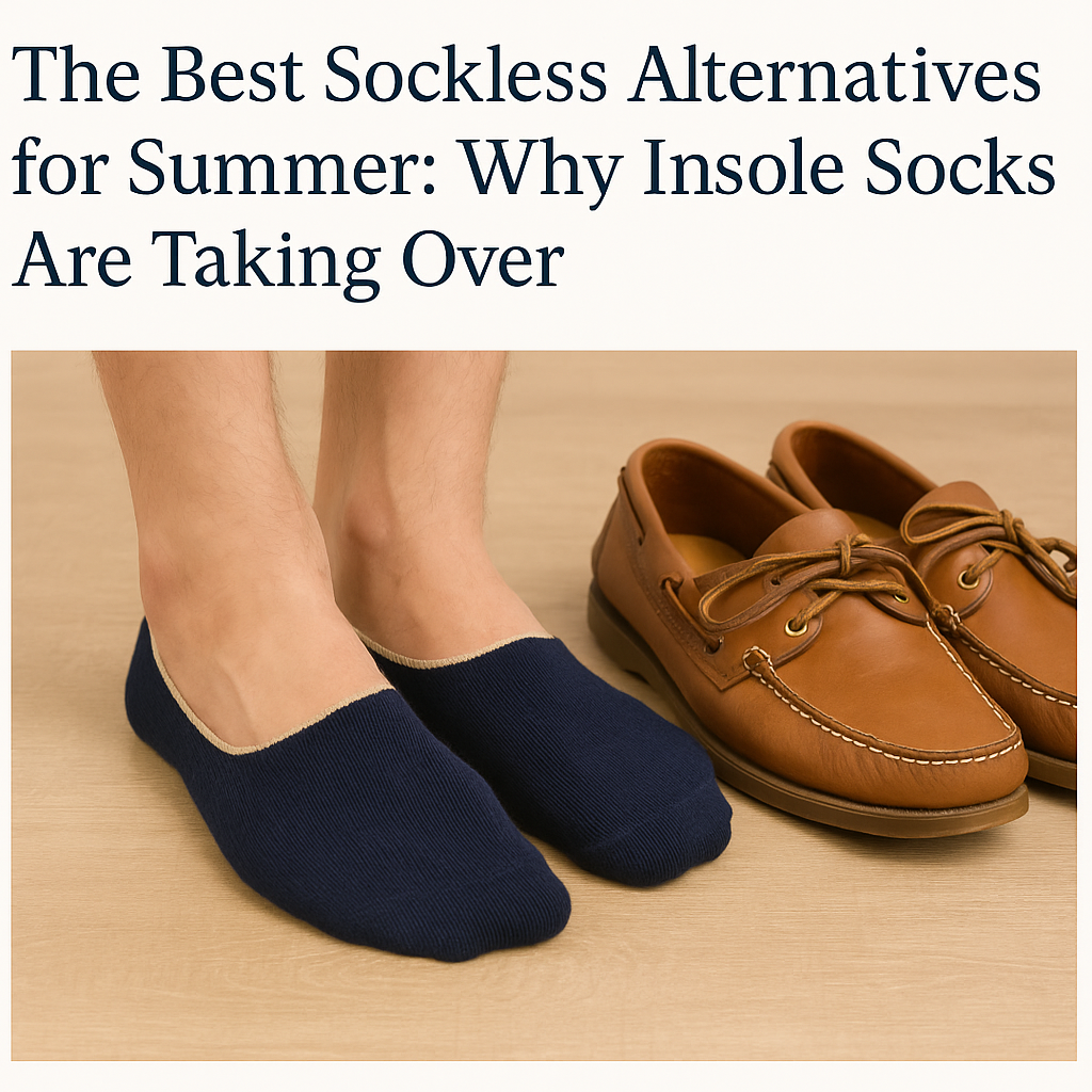 Flat lay of black NotSocks insole socks next to a checkered shoe on a white background – the sockless alternative for summer comfort.
