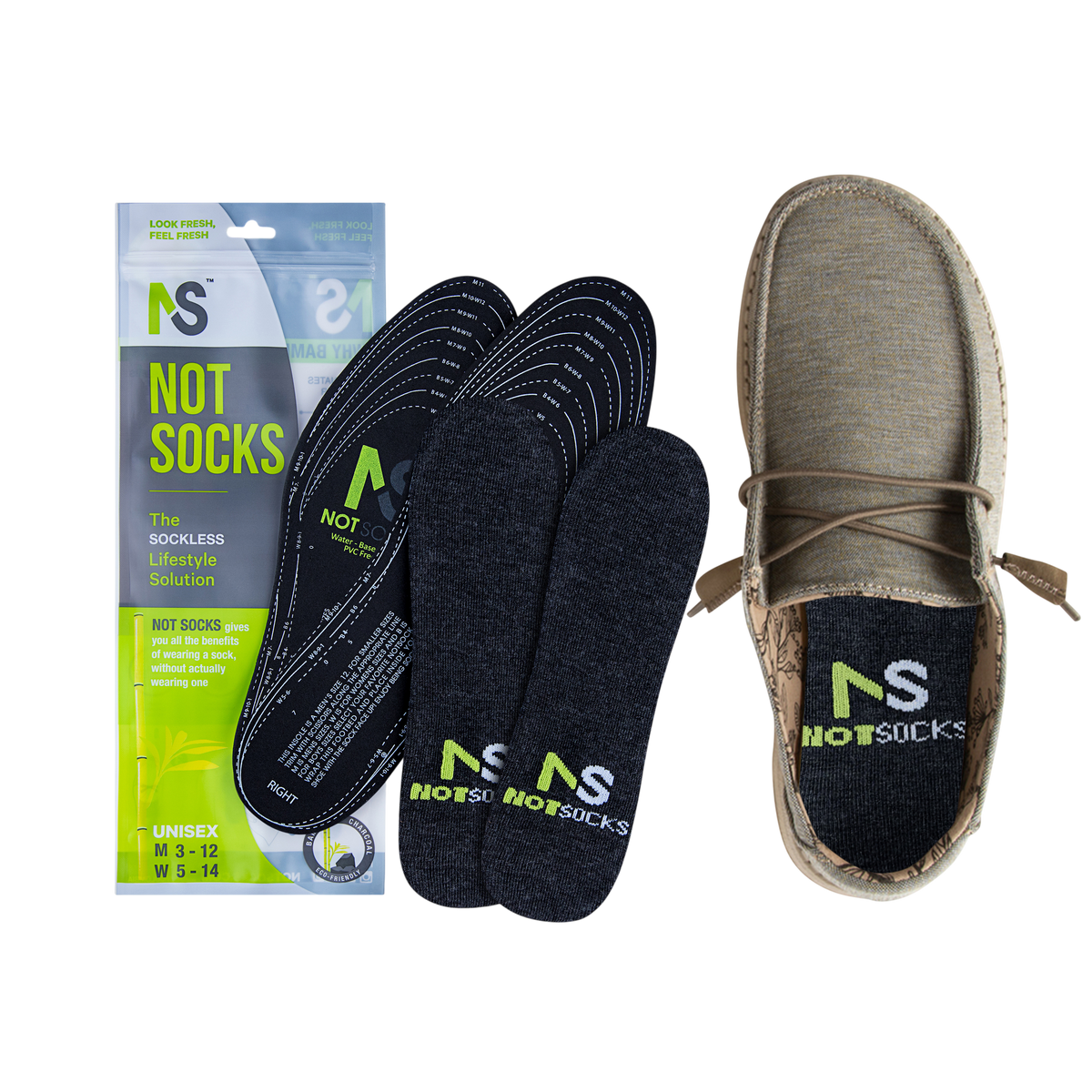 Hey Dudes, Not Socks product packaging, black socks, and a shoe with Not Socks branding on a white background