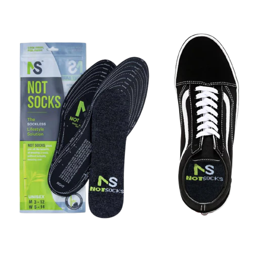 Not Socks product packaging, insoles, and a black shoe with 'Not Socks' branding on a white background.