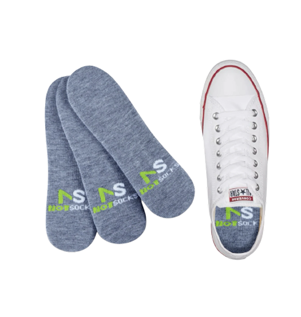 Gray no-show socks and a white sneaker with 'NS' branding on a white background