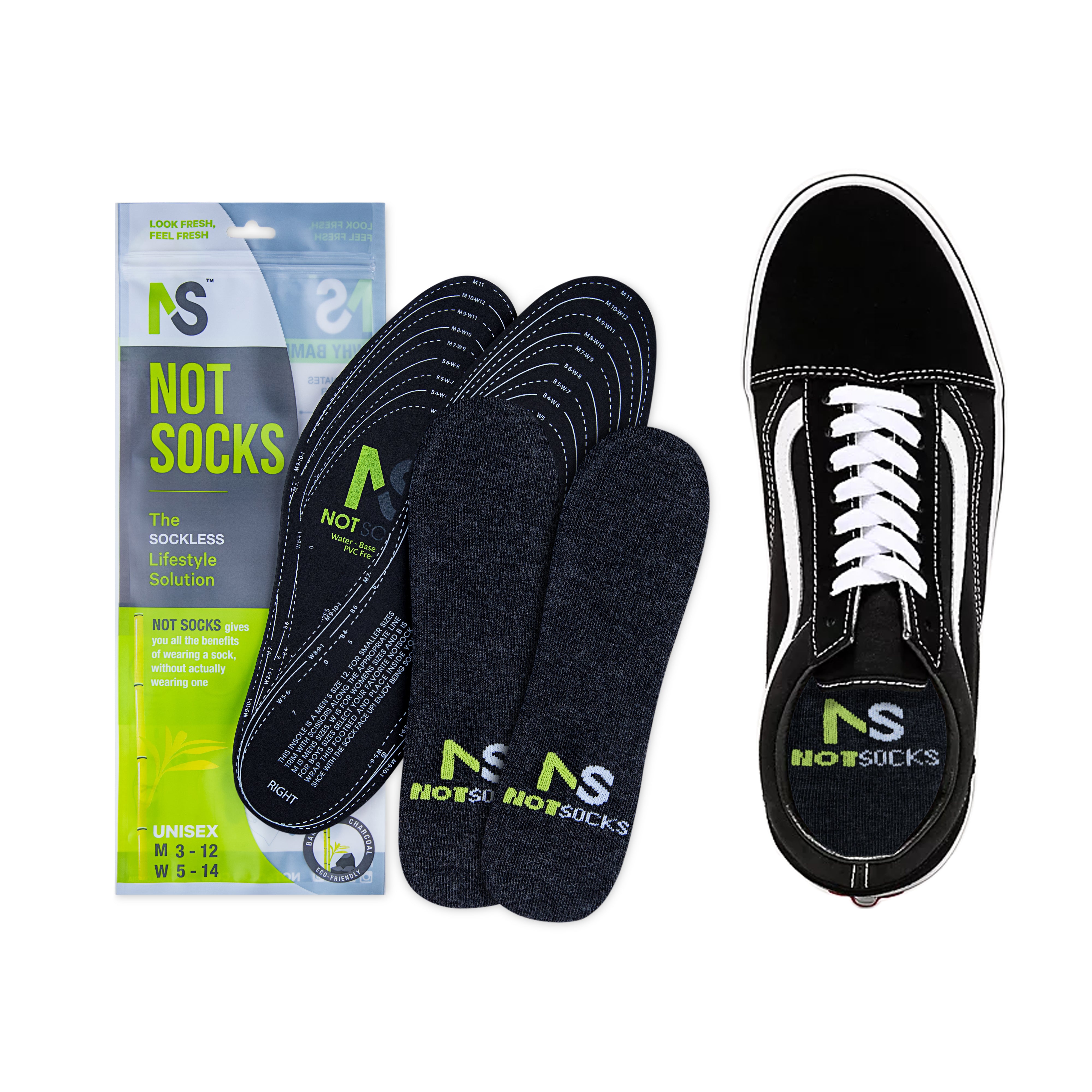 Black no-socks with packaging and a black shoe displaying the brand logo on a white background