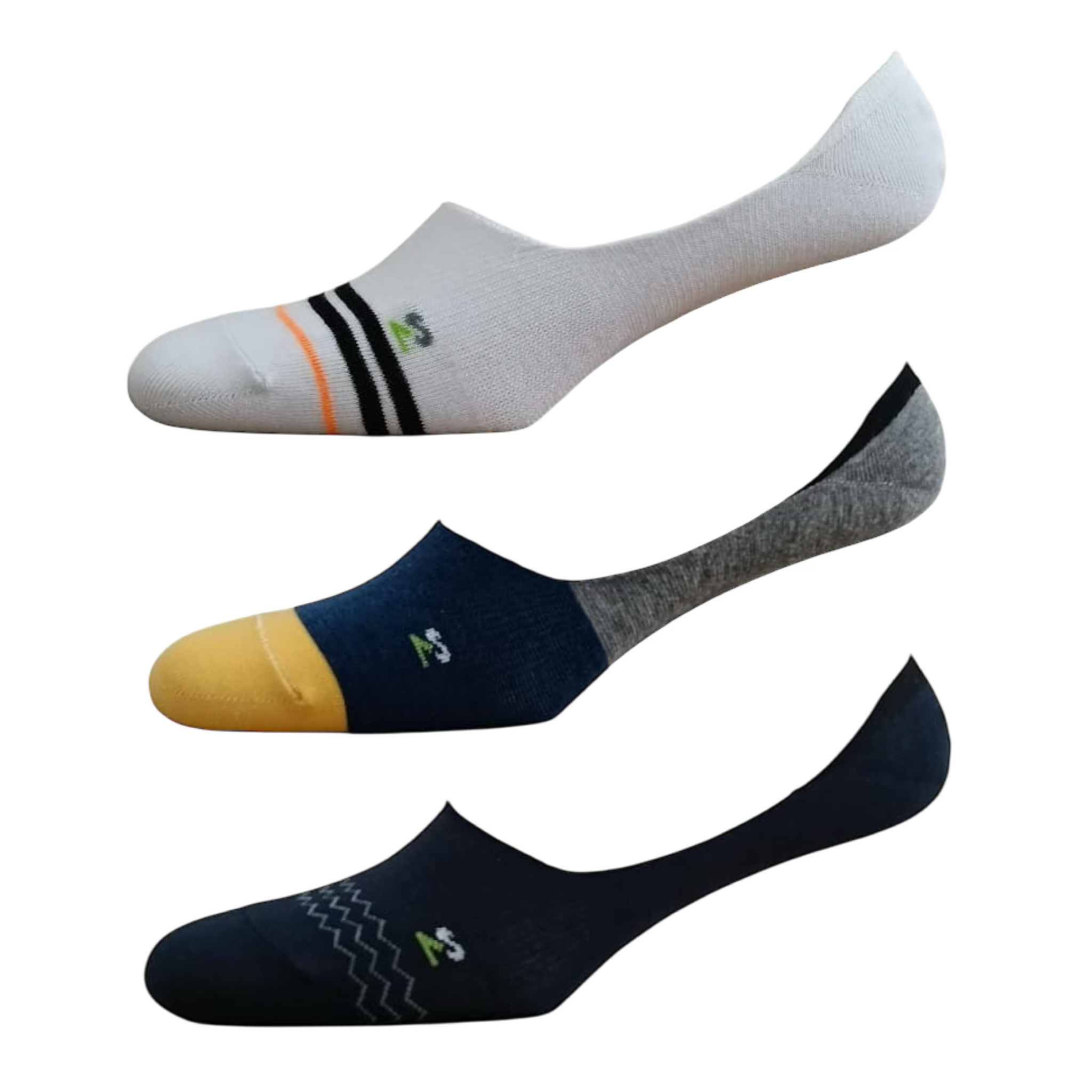 Three pairs of socks in different colors on a white background