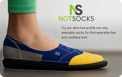 Shoe with 'NS' branding and text about ultra-low profile non-slip wearable socks.