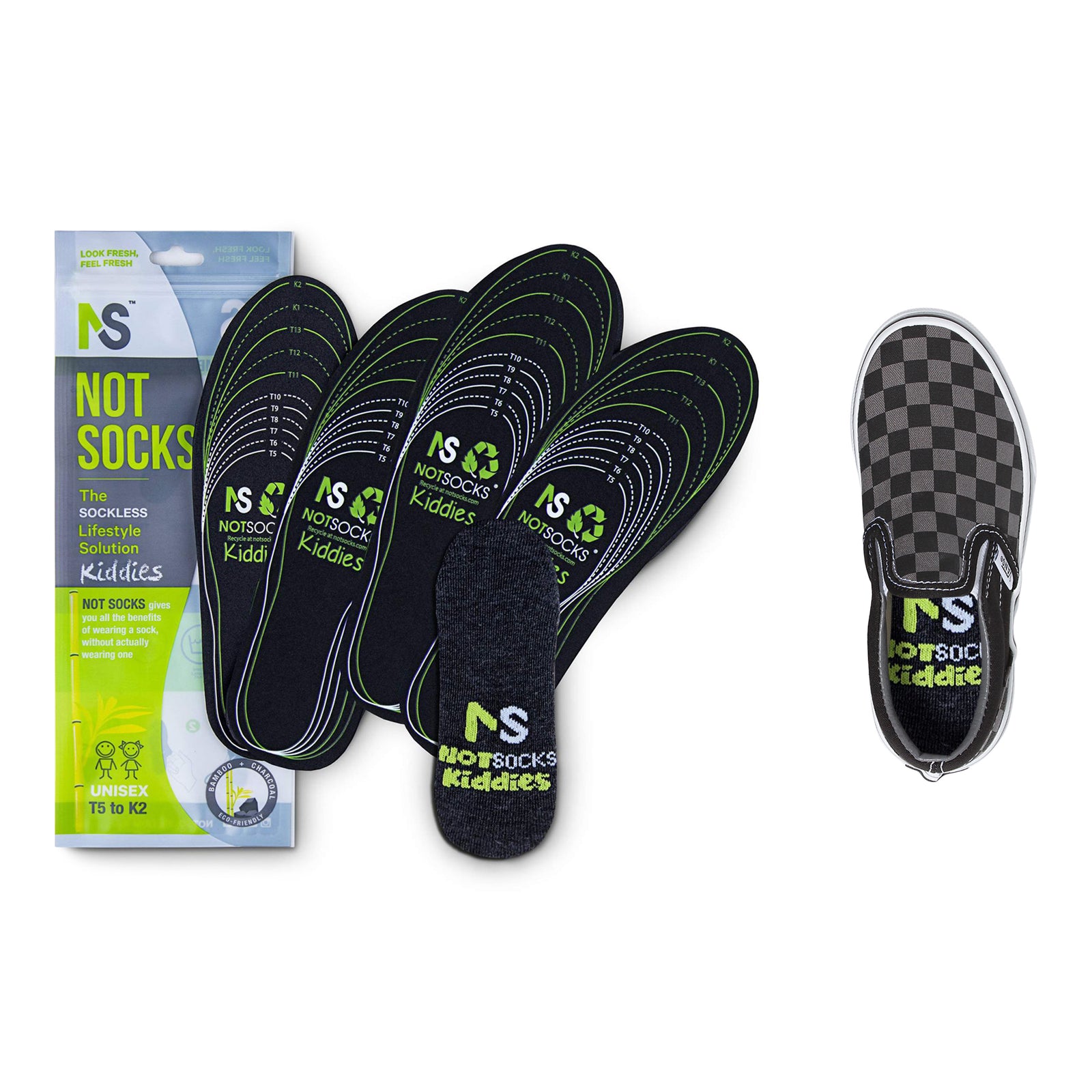 NotSocks Kiddies sockless insole for kids with packaging and checkerboard slip-on shoe
