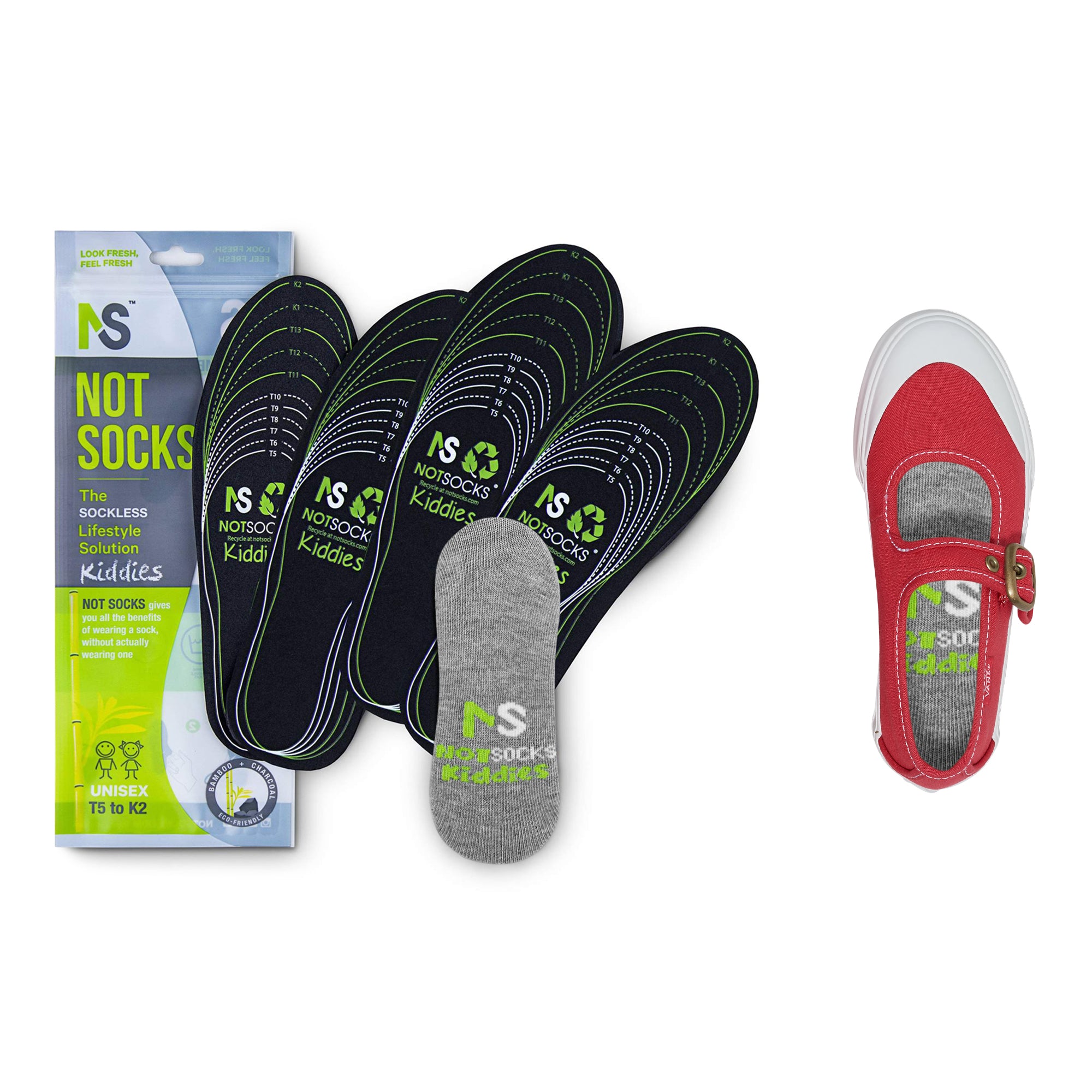 NotSocks Kiddies sockless insole for kids with packaging and checkerboard slip-on shoe
