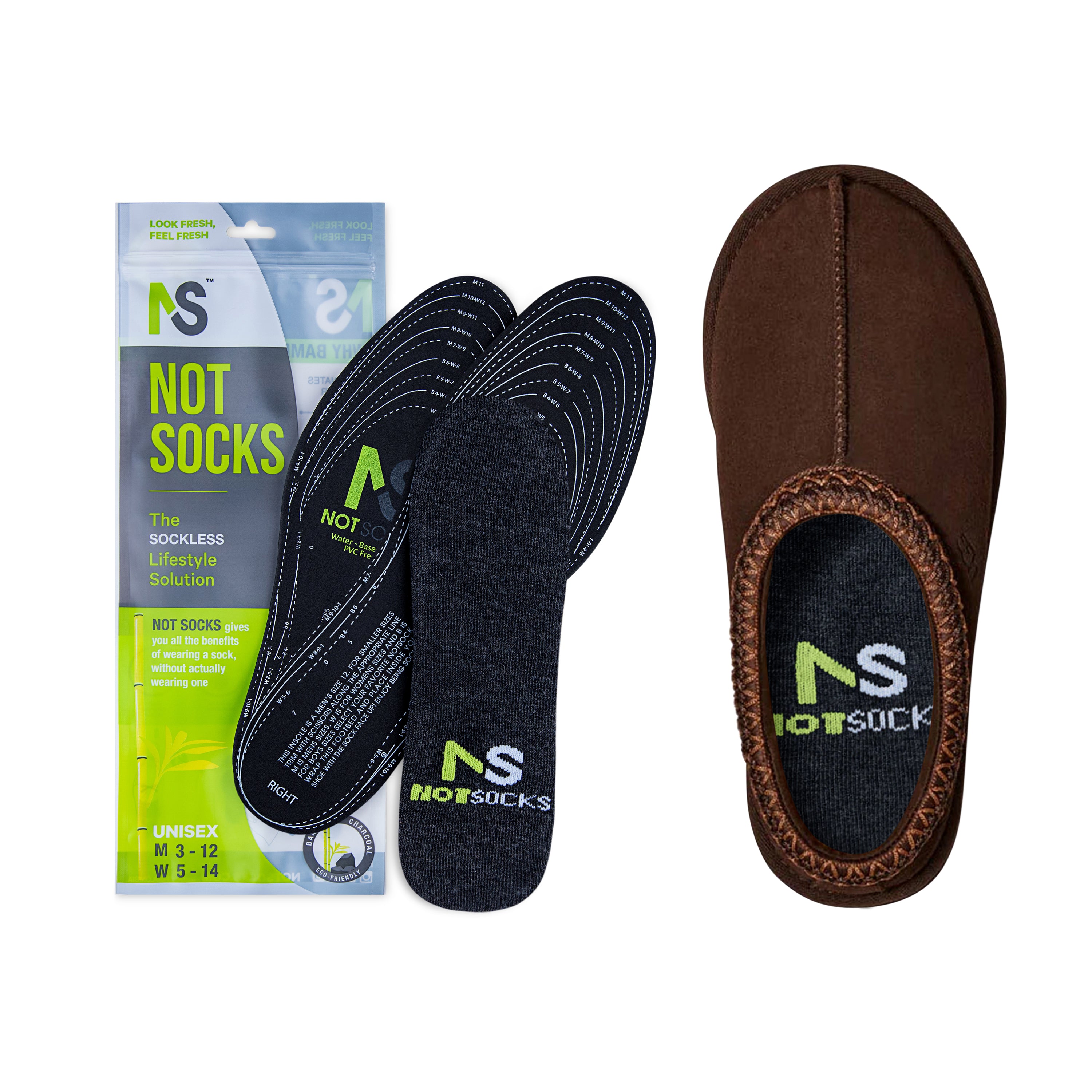 Not Socks product packaging, black insoles, and a brown slipper on a white background