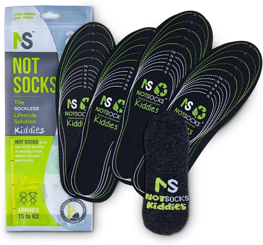 Pack of Not Socks Kiddies invisible sock insoles displayed with packaging and multiple insoles, designed as a sockless lifestyle solution for kids shoes.