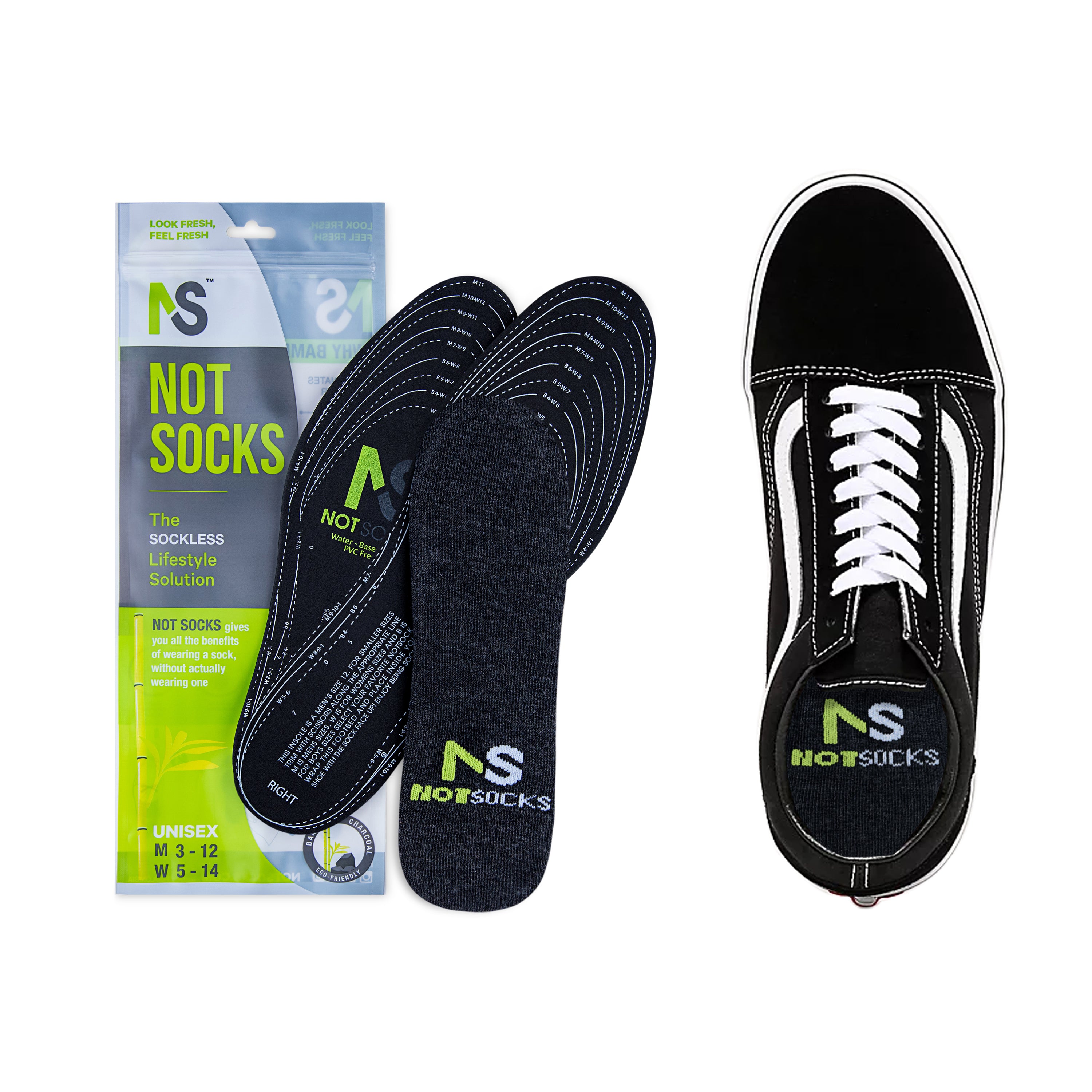 Black insole with 'Not Socks' branding, a black shoe, and packaging on a white background