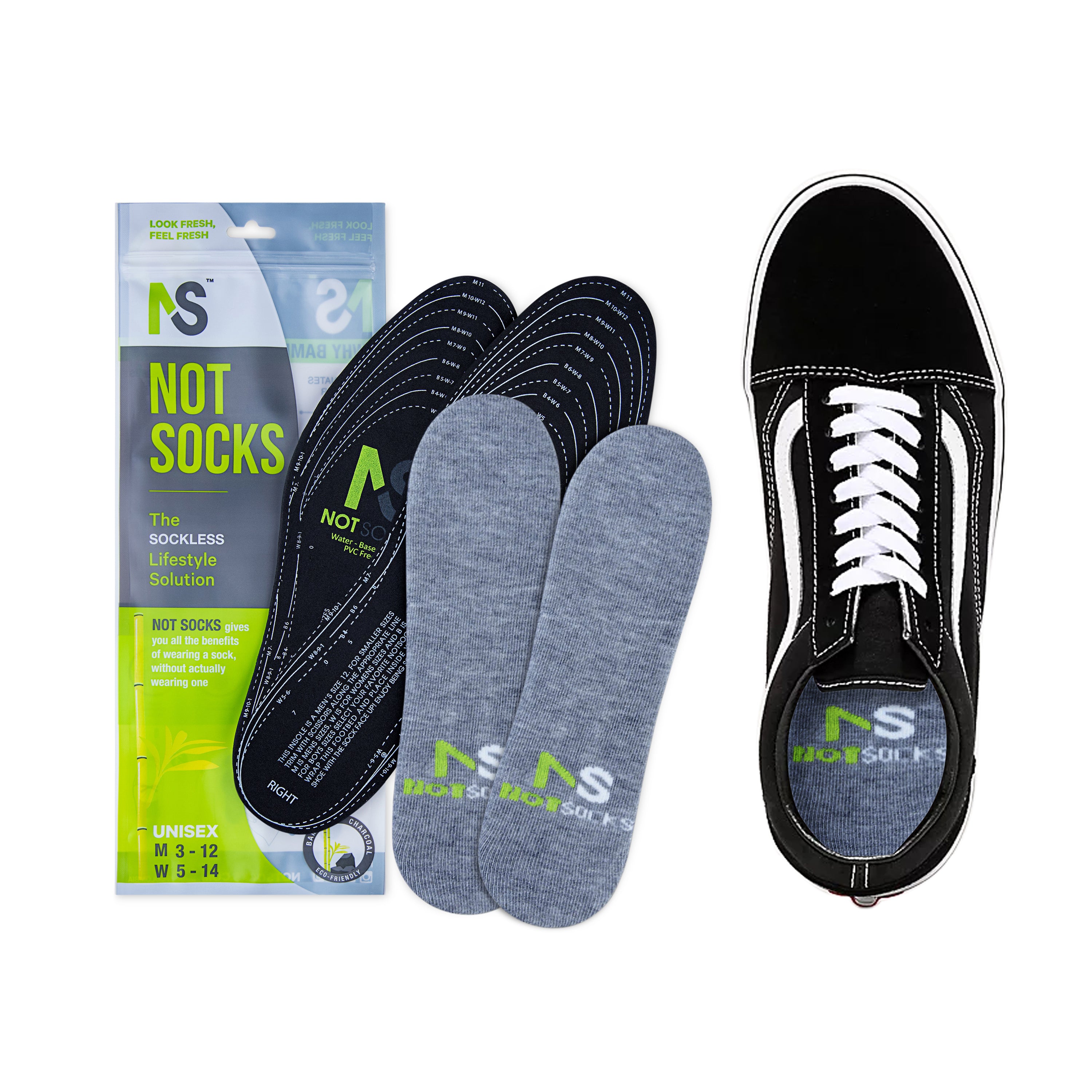 Not Socks packaging with a black shoe displaying the brand logo on a white background