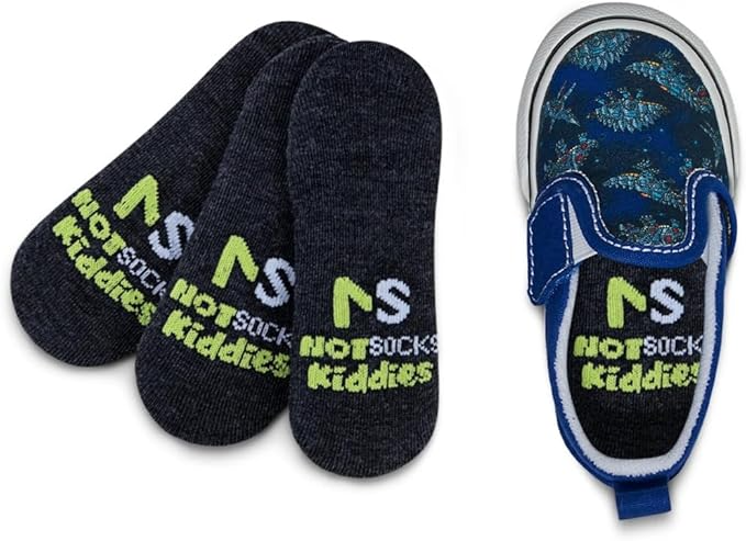 Not Socks Kiddies invisible no-show liner socks in black designed for kids, breathable anti-slip sockless lifestyle socks shown with children’s slip-on shoe fit.