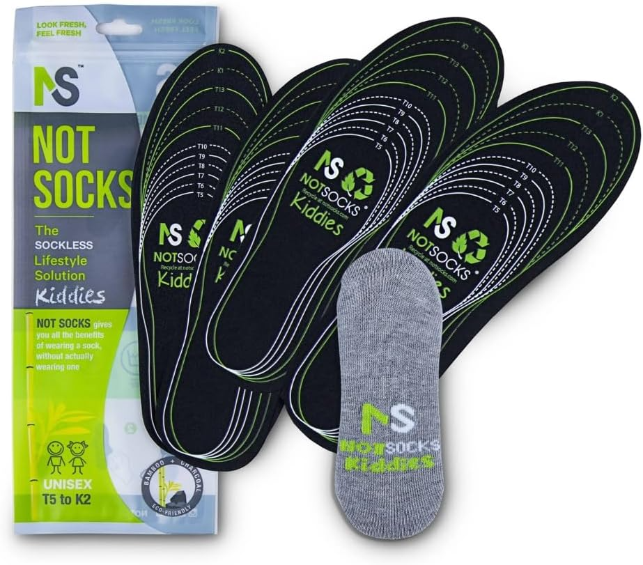 Not Socks Kiddies invisible no-show socks with anti-slip grip for kids (T5–K2), breathable sockless lifestyle liner socks shown with packaging and example shoe fit.