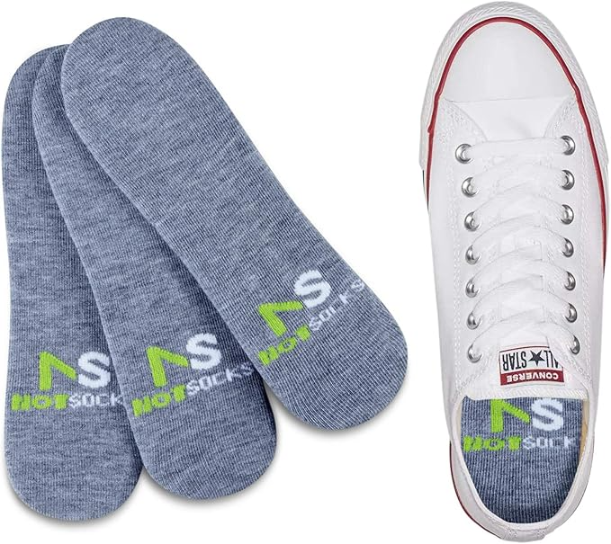 Not Socks grey sockless insoles displayed next to a white sneaker showing how the insole fits inside the shoe.