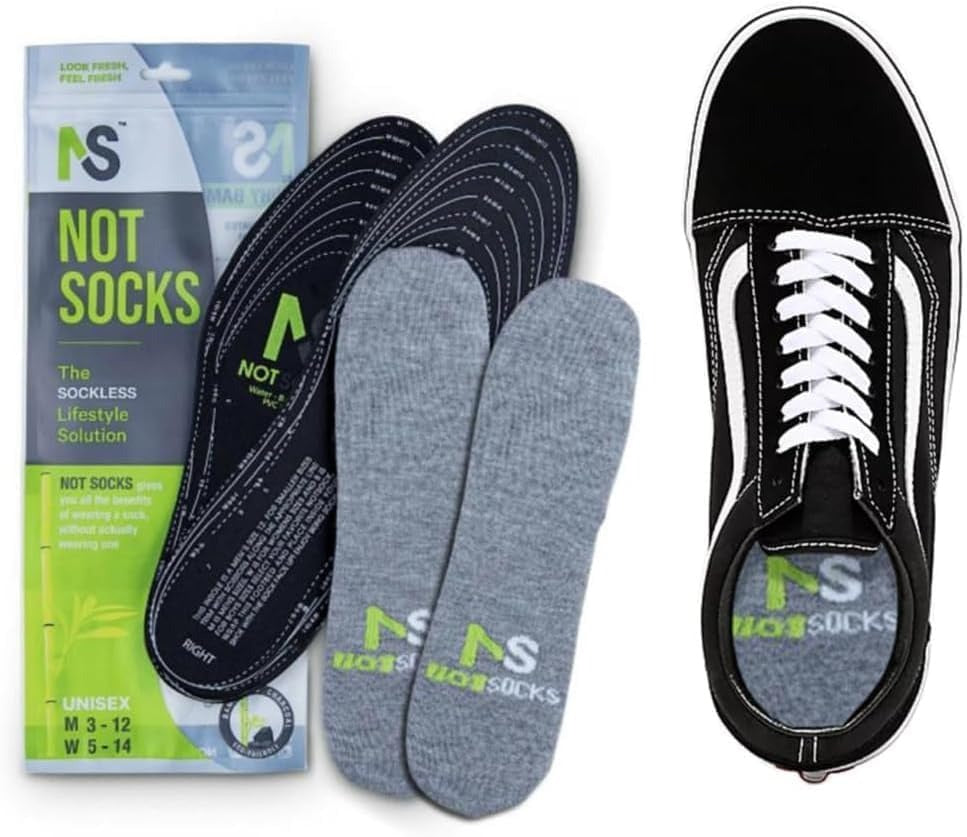 Not Socks sockless lifestyle insoles shown with packaging, grey insoles, and a black sneaker demonstrating how the insole fits inside the shoe.