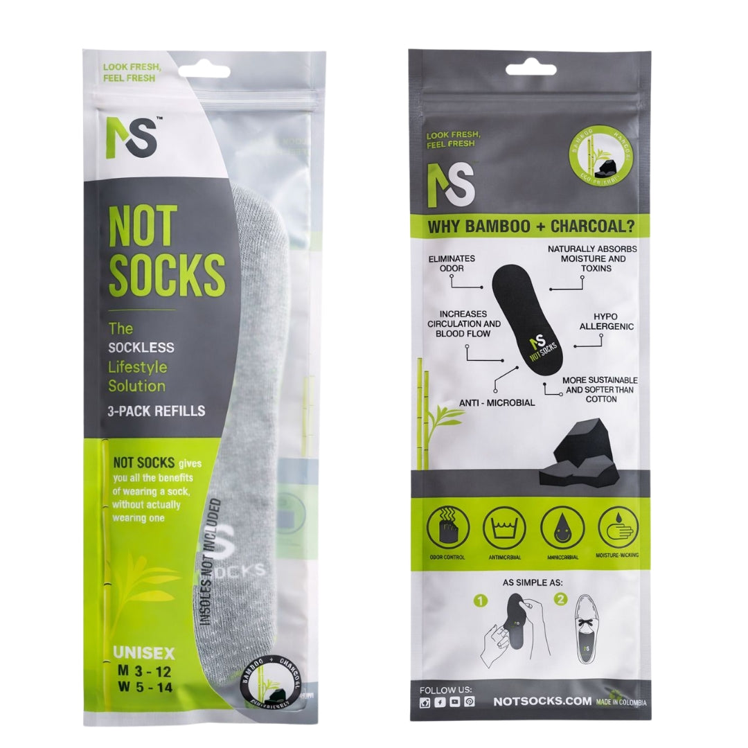 Front and back packaging of NOT SOCKS 3-pack refill showing bamboo charcoal benefits and sizing for men and women.
