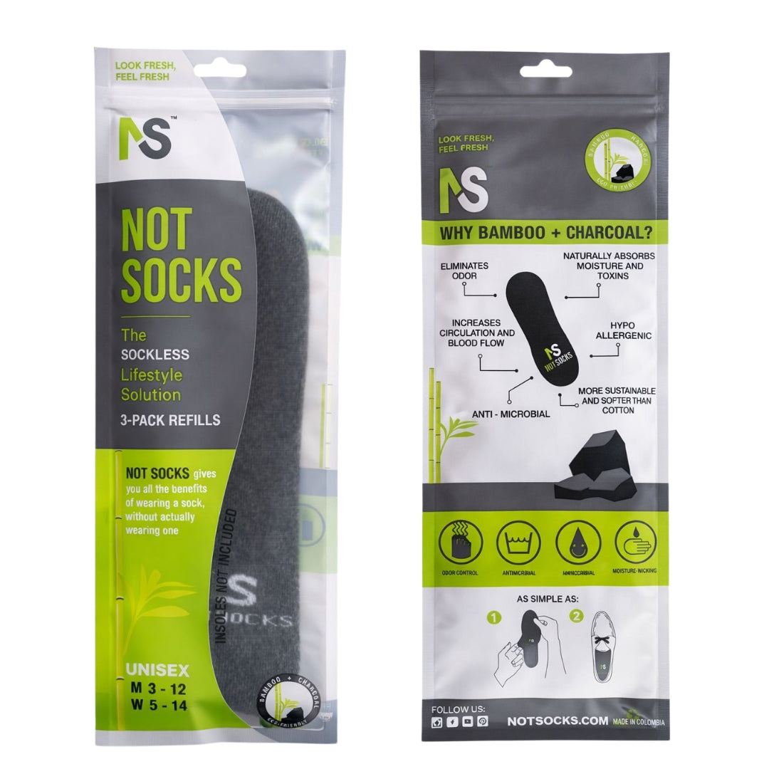 Front and back packaging of NOT SOCKS 3-pack refill showing bamboo charcoal benefits and sizing for men and women.