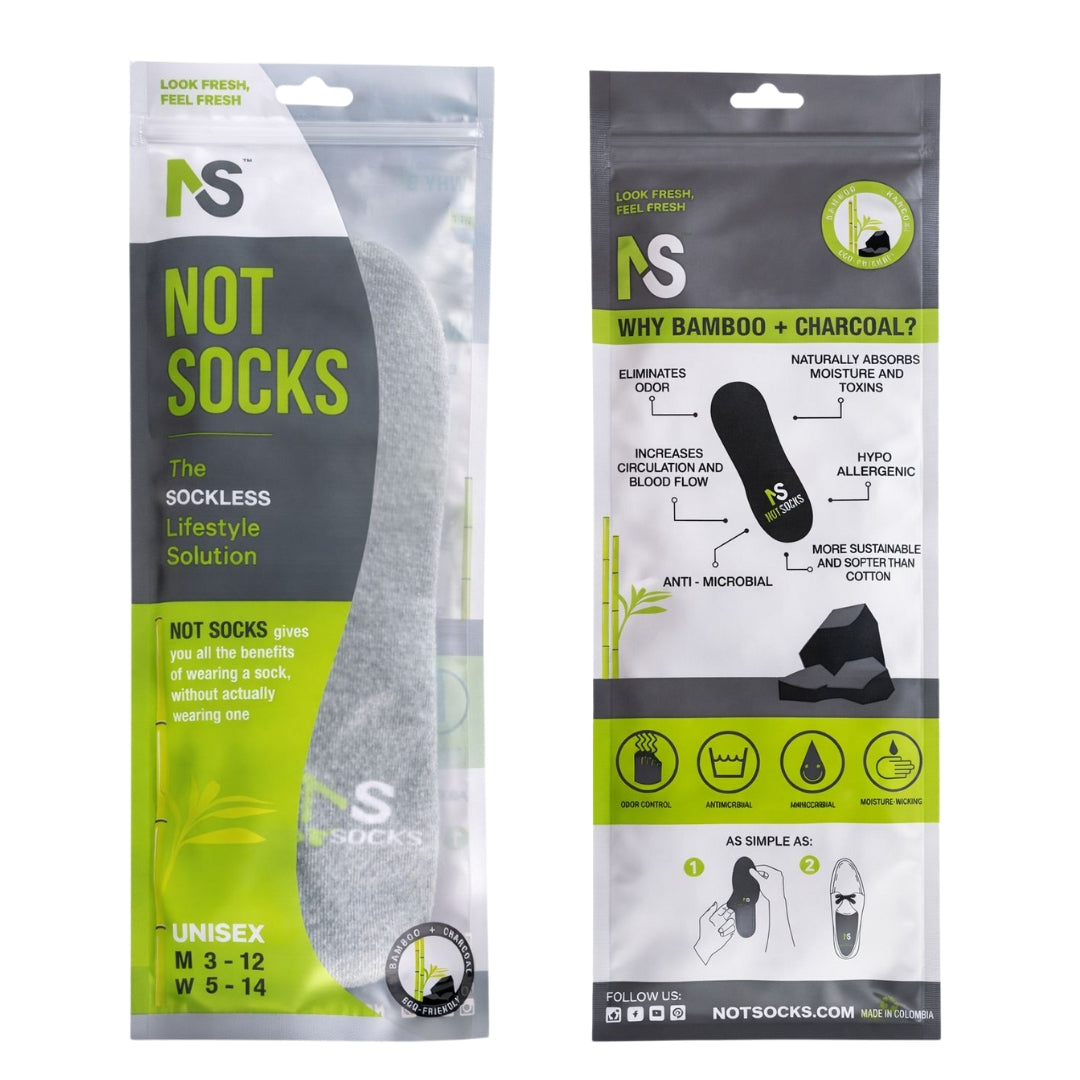 NOT SOCKS unisex packaging front and back showing bamboo charcoal benefits and sizing for M3–12 and W5–14.