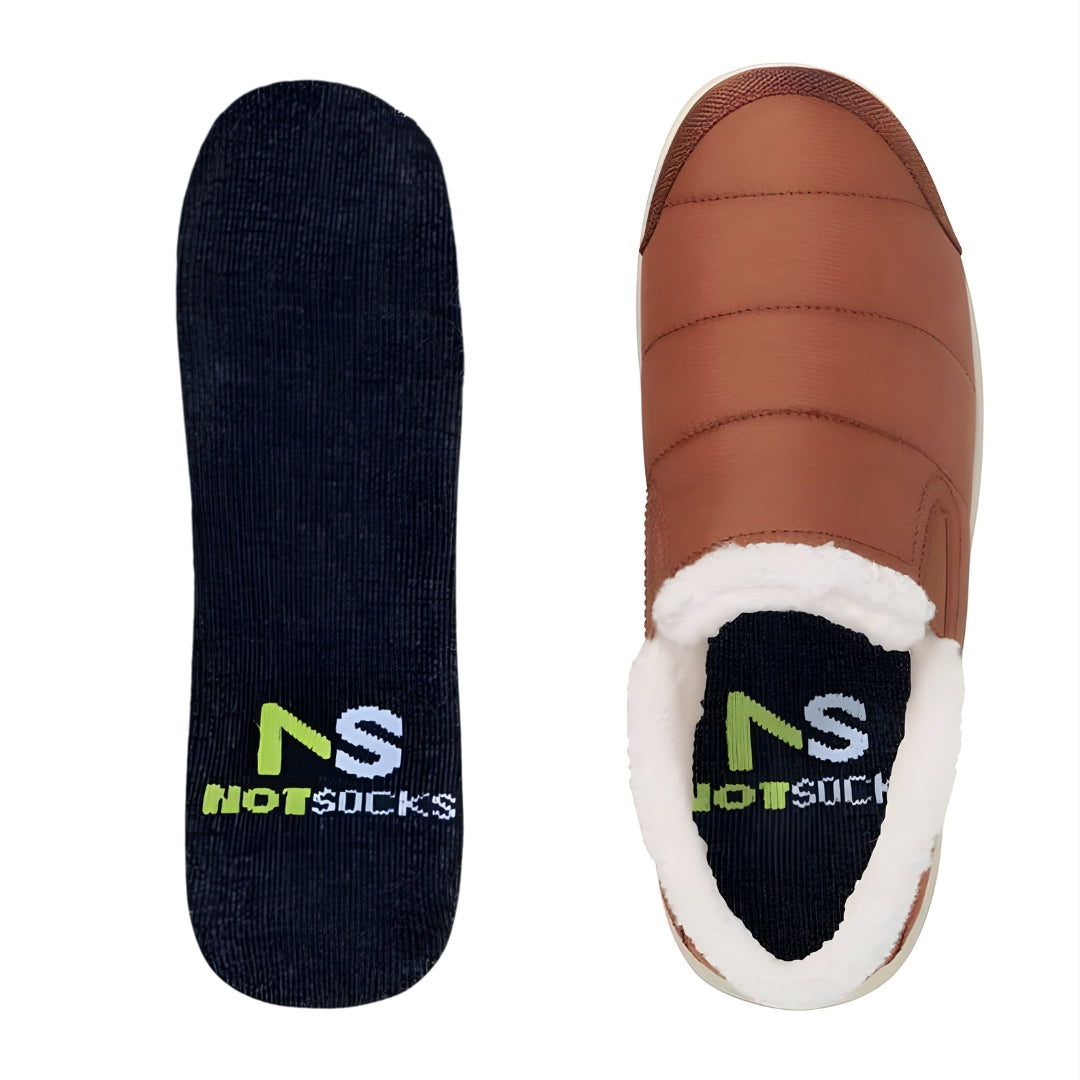 NOTSOCKS branded black insole and brown fleece-lined slip-on shoe shown together for sockless comfort.