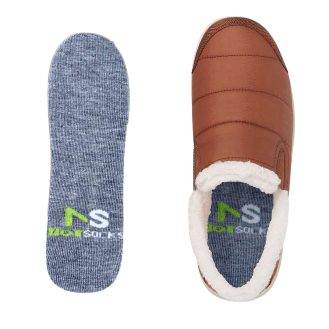 NOTSOCKS branded gray insole and brown fleece-lined slip-on shoe shown together for sockless comfort.