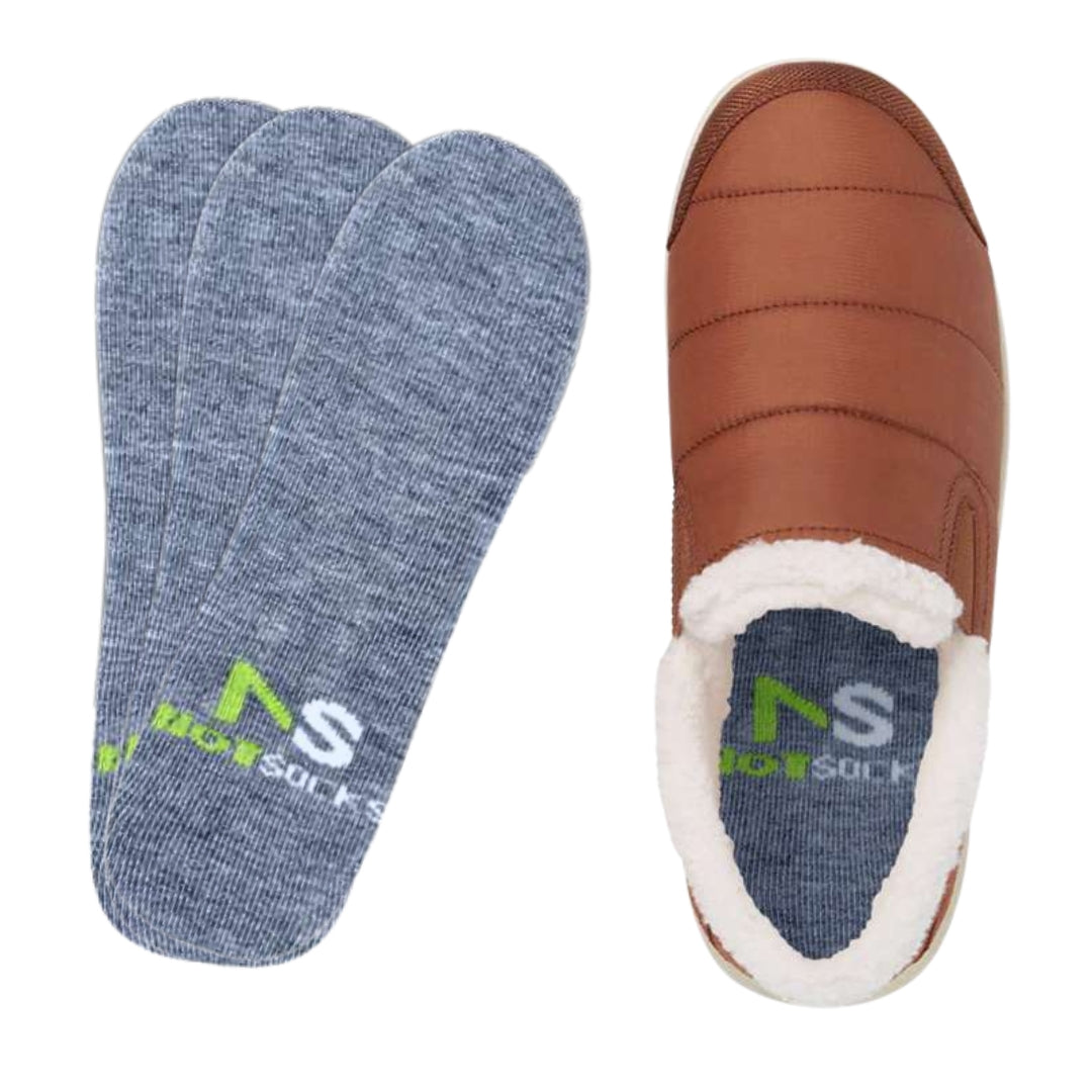 NOT SOCKS branded gray insoles displayed with a brown fur-lined slip-on shoe, highlighting sockless comfort.