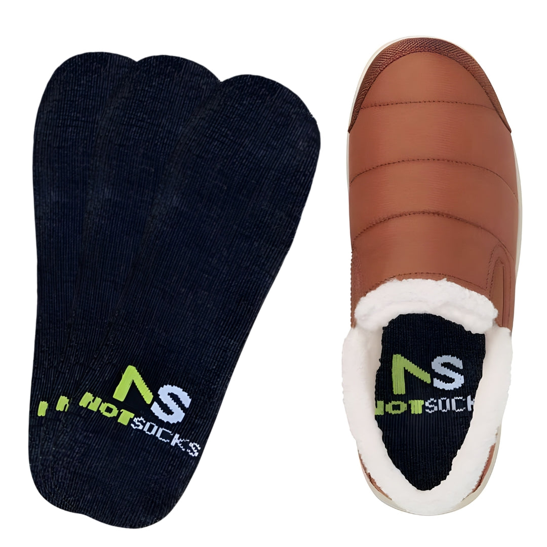 NOT SOCKS branded black insoles displayed with a brown fur-lined slip-on shoe, highlighting sockless comfort.