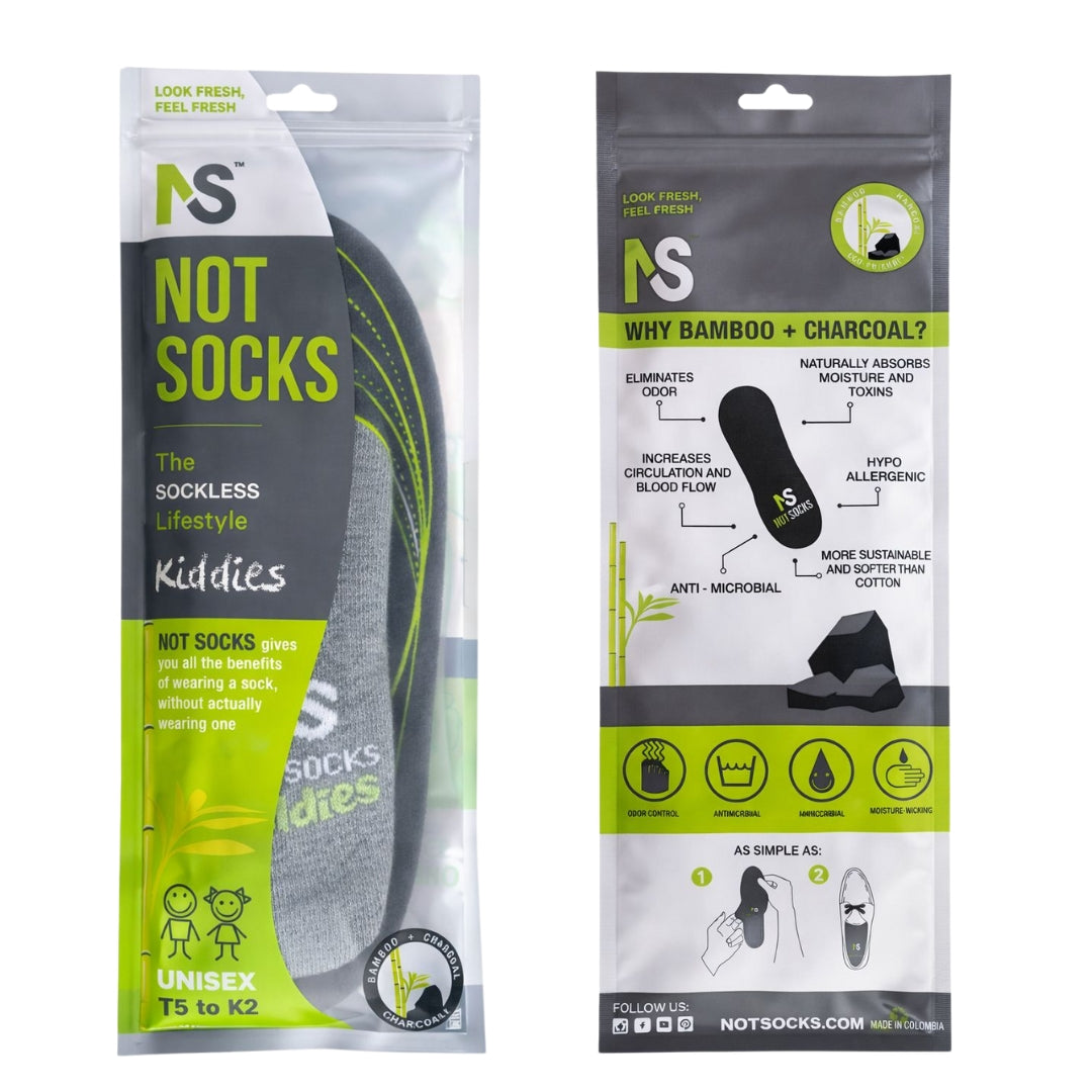 NOT SOCKS Kiddies packaging front and back showing bamboo charcoal benefits and sizing for T3 to K2.