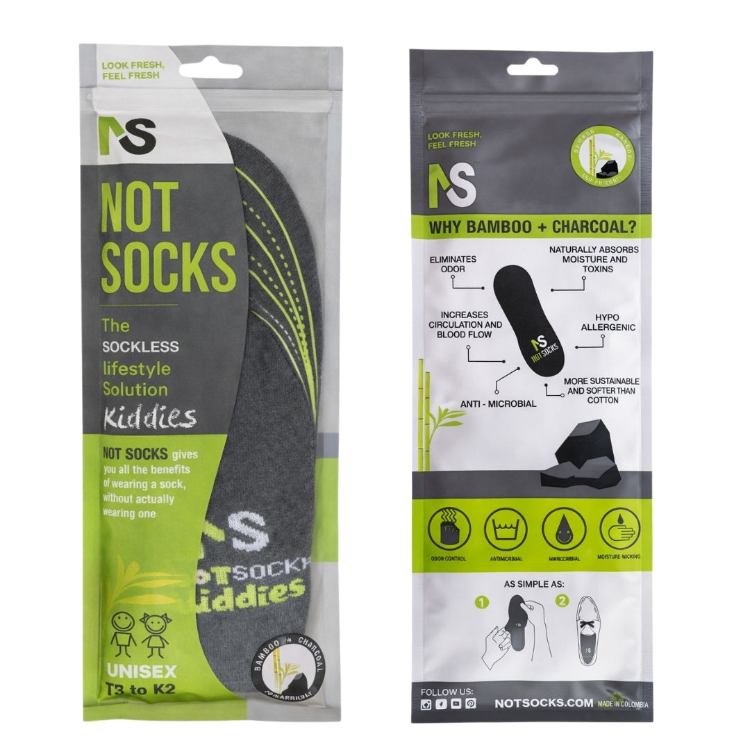 NOT SOCKS Kiddies packaging front and back showing bamboo charcoal benefits and sizing for T3 to K2.