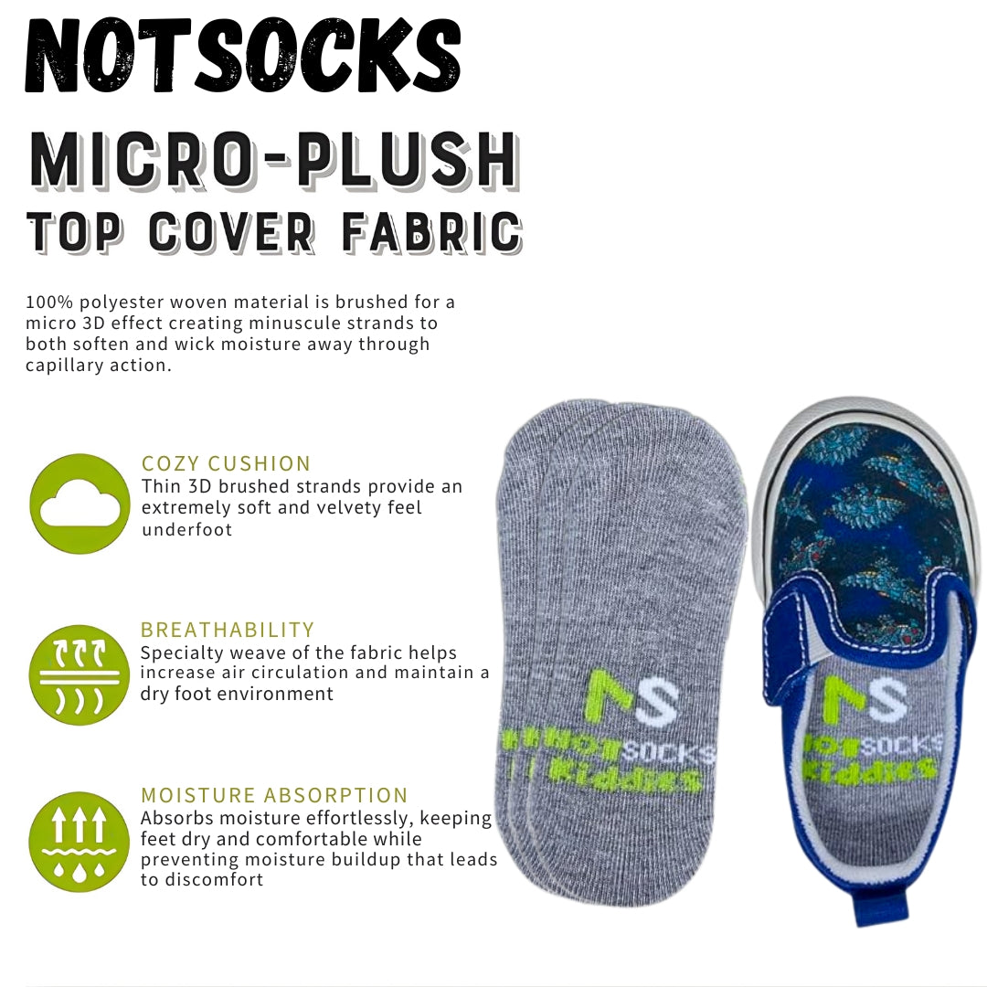 NOTSOCKS Kiddies micro-plush foot covers with shoe display, highlighting softness, breathability, and moisture absorption.