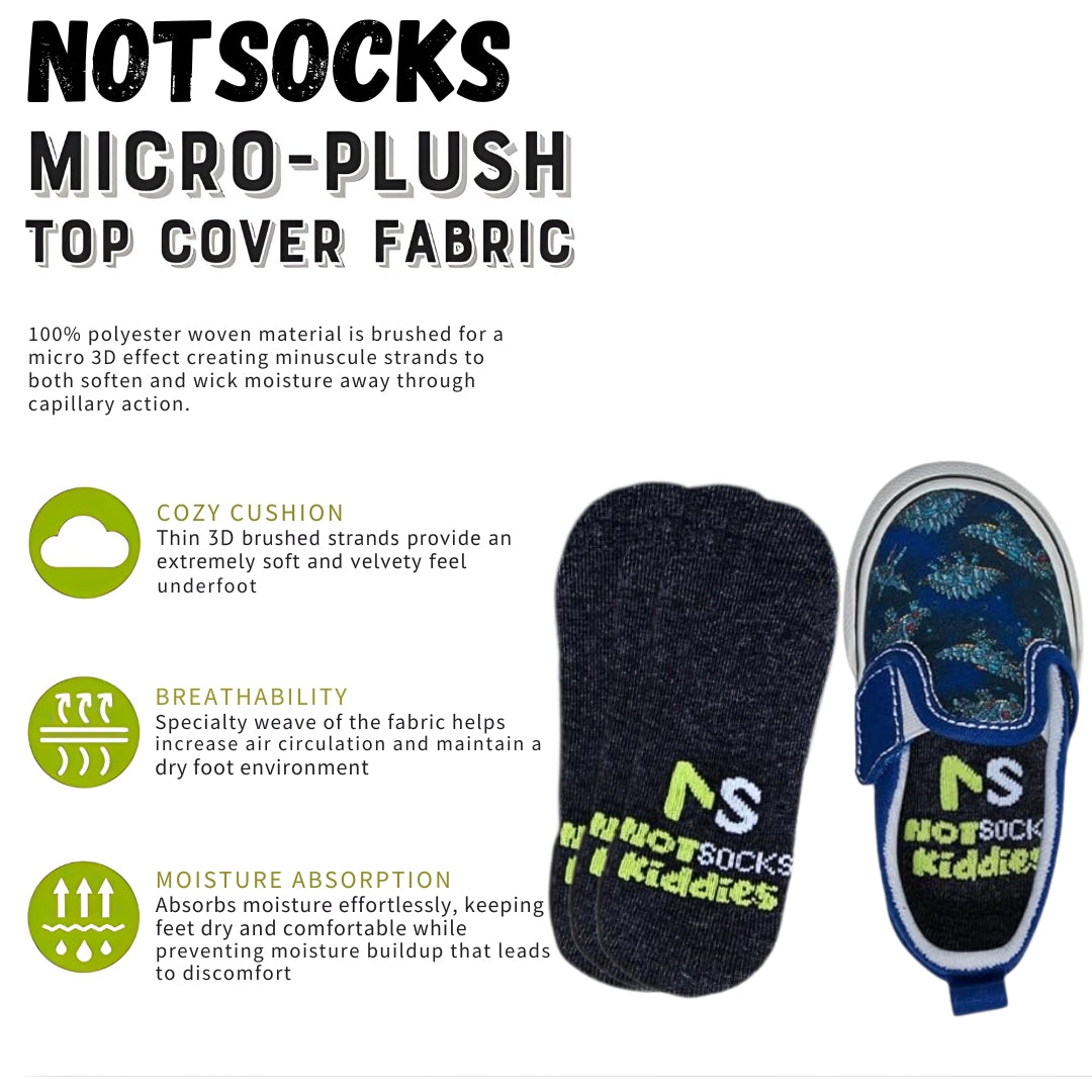 NOTSOCKS Kiddies micro-plush foot covers with shoe display, highlighting softness, breathability, and moisture absorption.