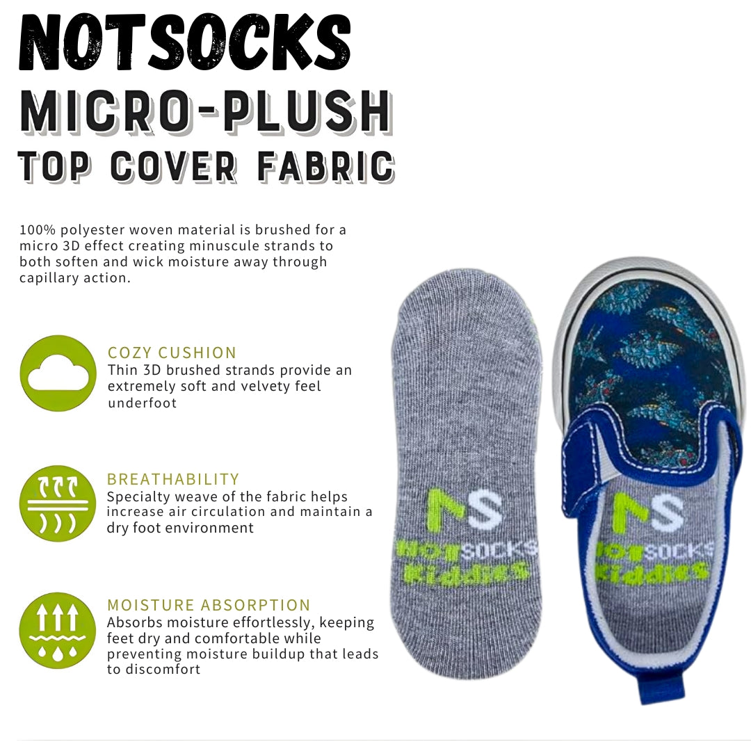 NOTSOCKS kiddies micro-plush insole ad showing checkered slip-on shoe and close-up of soft, moisture-wicking fabric.