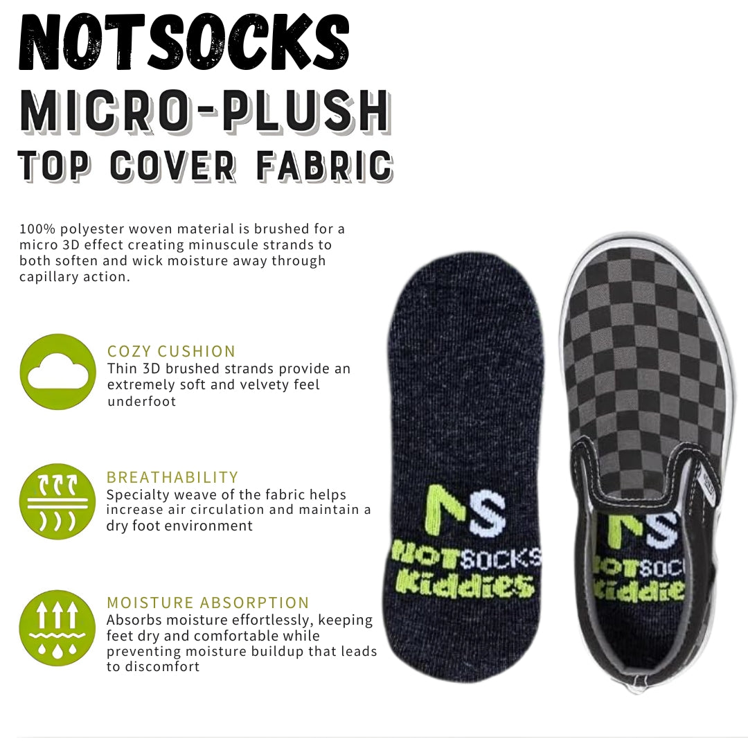 NOTSOCKS kiddies micro-plush insole ad showing checkered slip-on shoe and close-up of soft, moisture-wicking fabric.