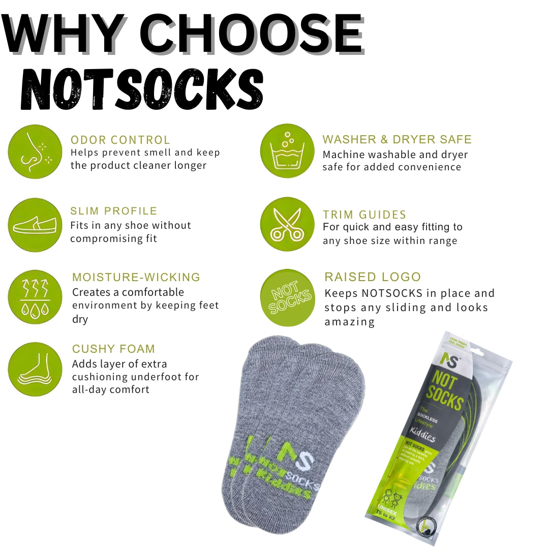 NOTSOCKS Kiddies sockless liner ad highlighting features like odor control, cushy foam, and trim guides.