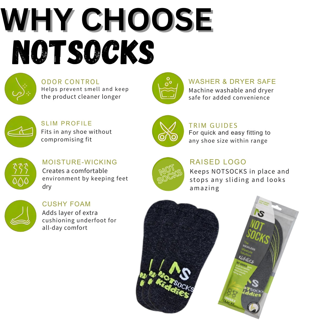 NOTSOCKS Kiddies sockless liner ad highlighting features like odor control, cushy foam, and trim guides.
