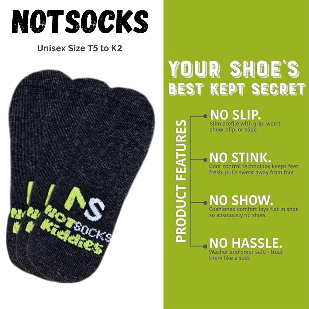 NOTSOCKS Kiddies unisex foot covers with product features like odor control, no-slip grip, and washer-safe design.
