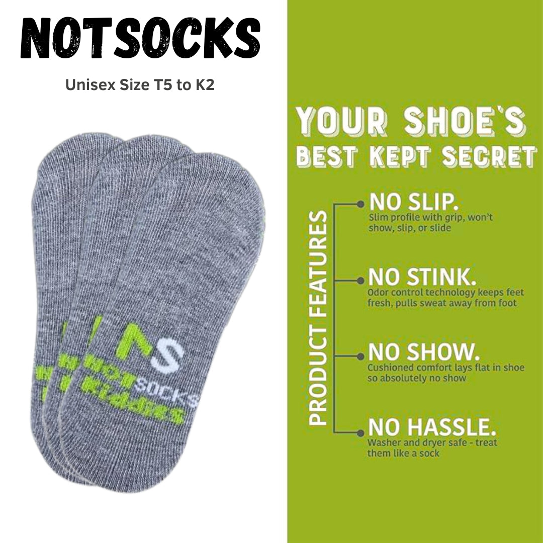 NOTSOCKS Kiddies unisex foot covers with product features like odor control, no-slip grip, and washer-safe design.