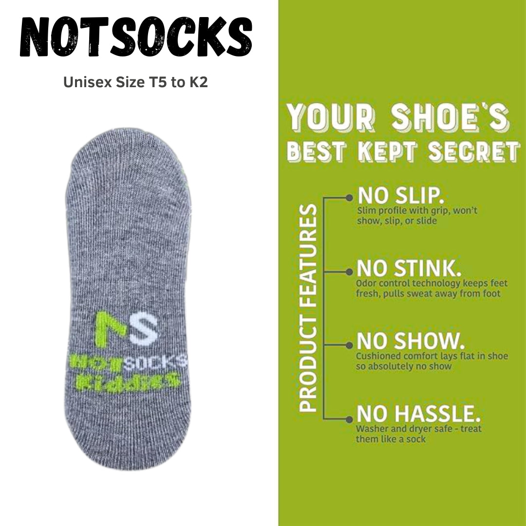 NOTSOCKS Kiddies unisex shoe liner display with product features like odor control, no-slip grip, and washer-safe convenience.