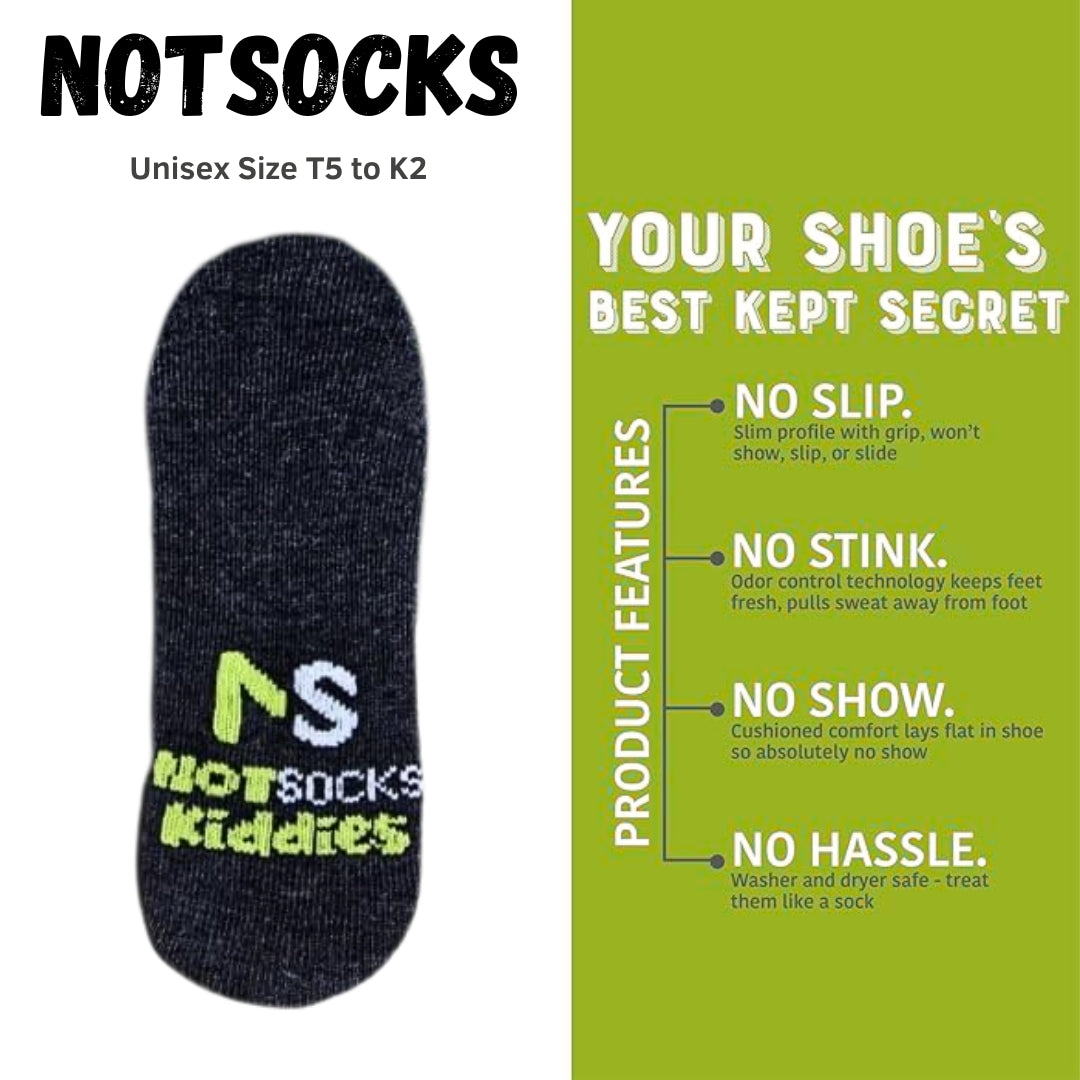 NOTSOCKS Kiddies unisex shoe liner display with product features like odor control, no-slip grip, and washer-safe convenience.