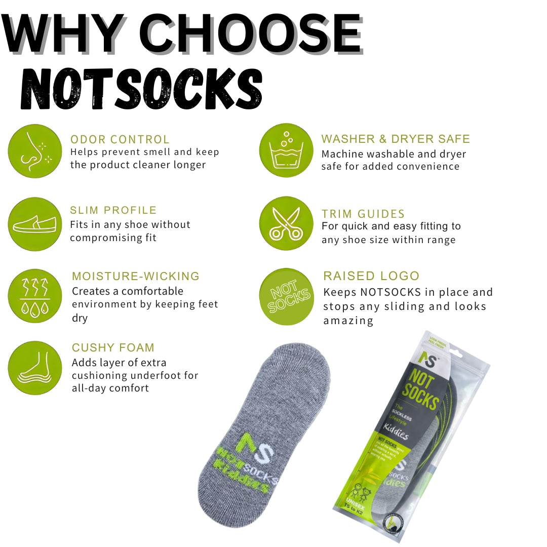 NOTSOCKS ladies' shoe inserts advertisement highlighting features like odor control, moisture-wicking, and cushy foam.