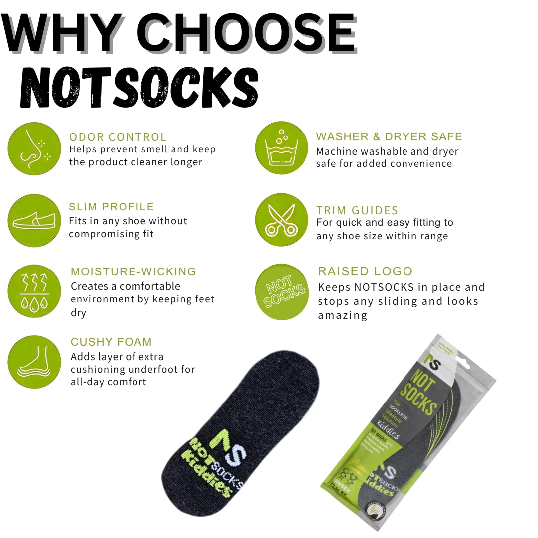 NOTSOCKS ladies' shoe inserts advertisement highlighting features like odor control, moisture-wicking, and cushy foam.