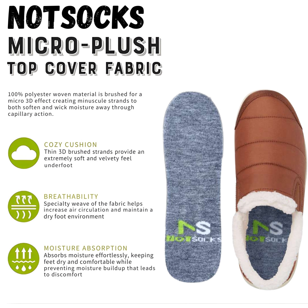NOTSOCKS micro-plush insole in slipper highlighting cozy cushion, breathability, and moisture absorption features.