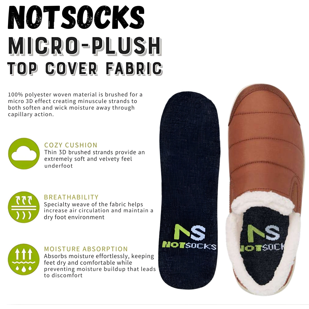 NOTSOCKS micro-plush insole in slipper highlighting cozy cushion, breathability, and moisture absorption features.