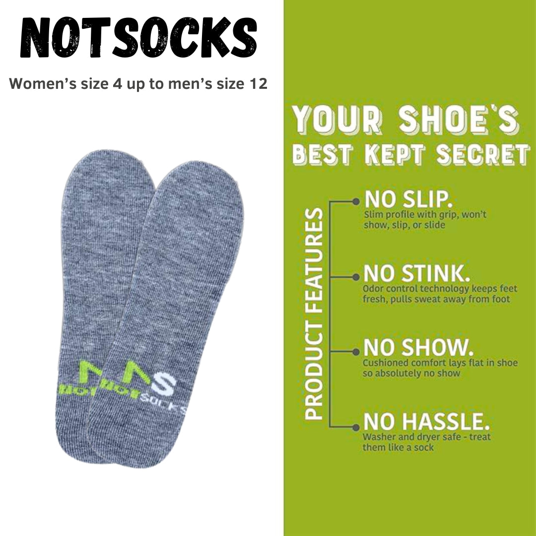 Promotional image for NotSocks no-show insole socks, showing a gray insole sleeve branded with "NAS" and "NotSocks," alongside a green graphic highlighting features like no slip, no stink odor control, cushioned comfort, and sizing from women's 4 to men's 12; tagline "Your shoe's best kept secret.