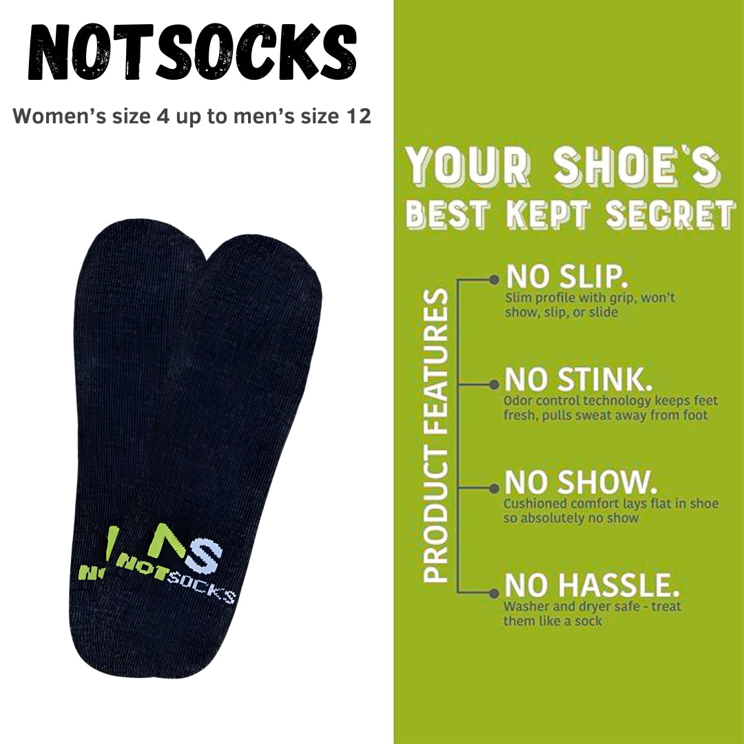Promotional image for NotSocks no-show insole socks, showing a black insole sleeve branded with "NAS" and "NotSocks," alongside a green graphic highlighting features like no slip, no stink odor control, cushioned comfort, and sizing from women's 4 to men's 12; tagline "Your shoe's best kept secret.