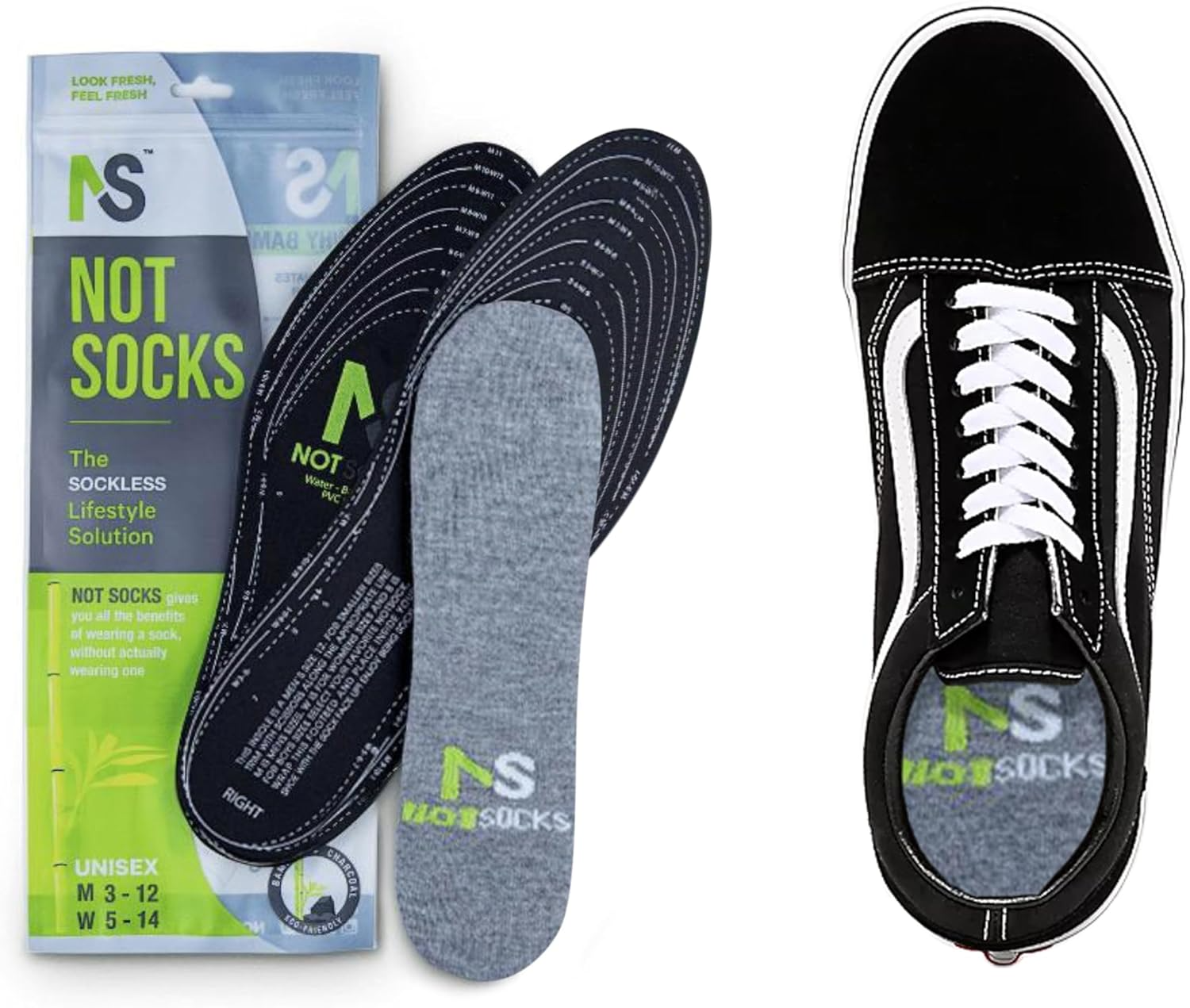 NotSocks no show insole socks grey unisex shoe liner inside black sneaker with comfortable cushioned insole design