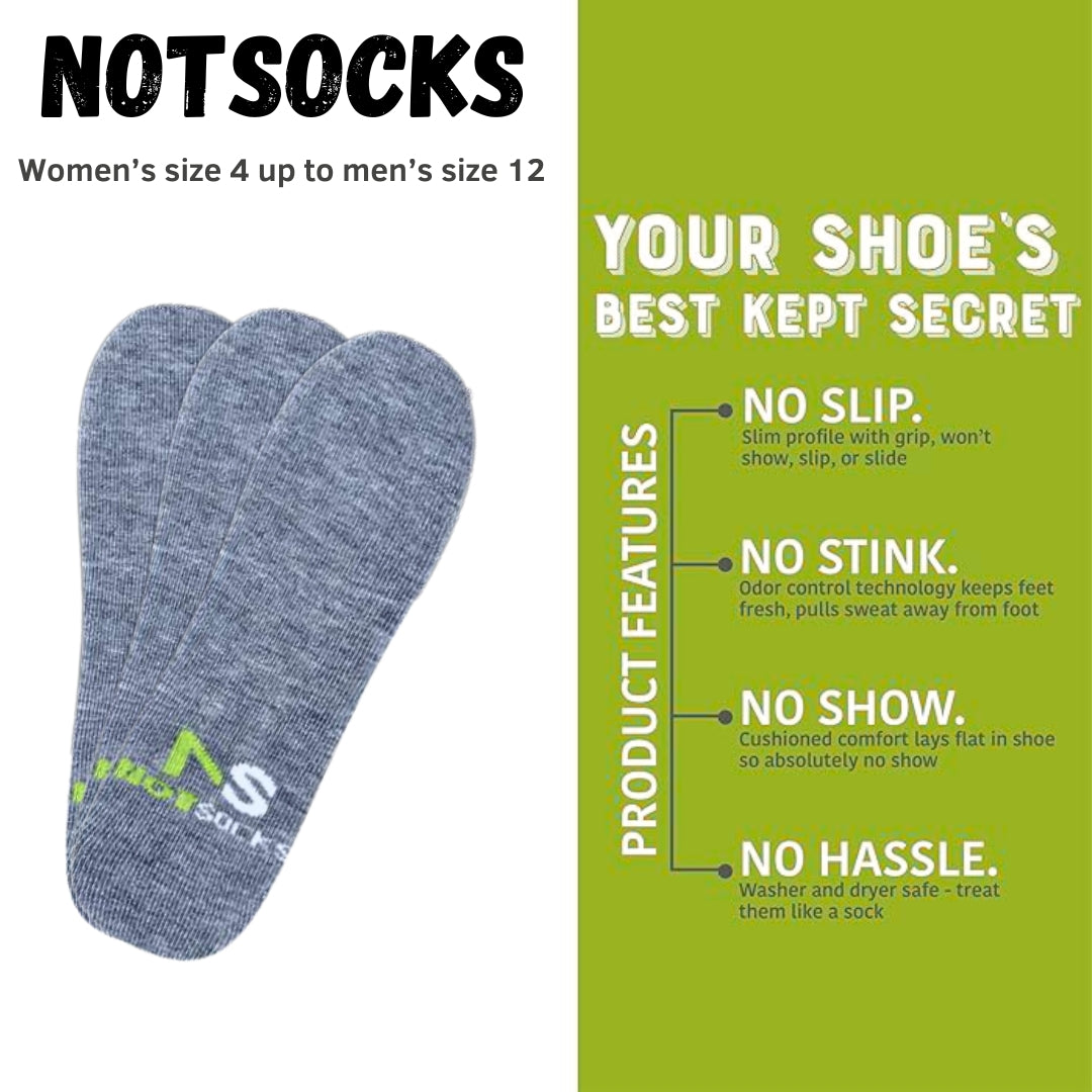 NOTSOCKS unisex insoles with product features like no-slip grip, odor control, and washer-safe convenience.