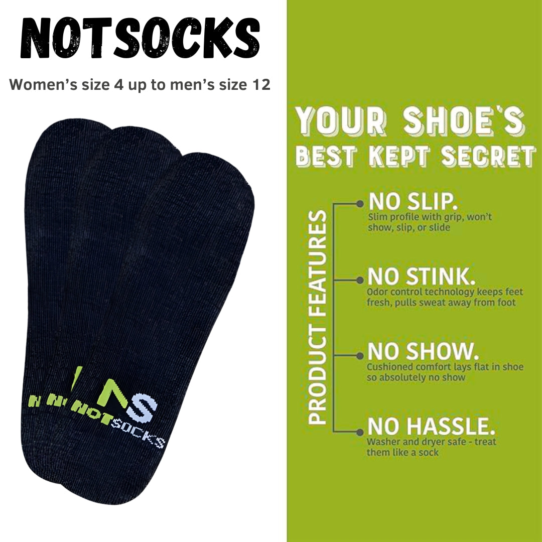 NOTSOCKS unisex insoles with product features like no-slip grip, odor control, and washer-safe convenience.