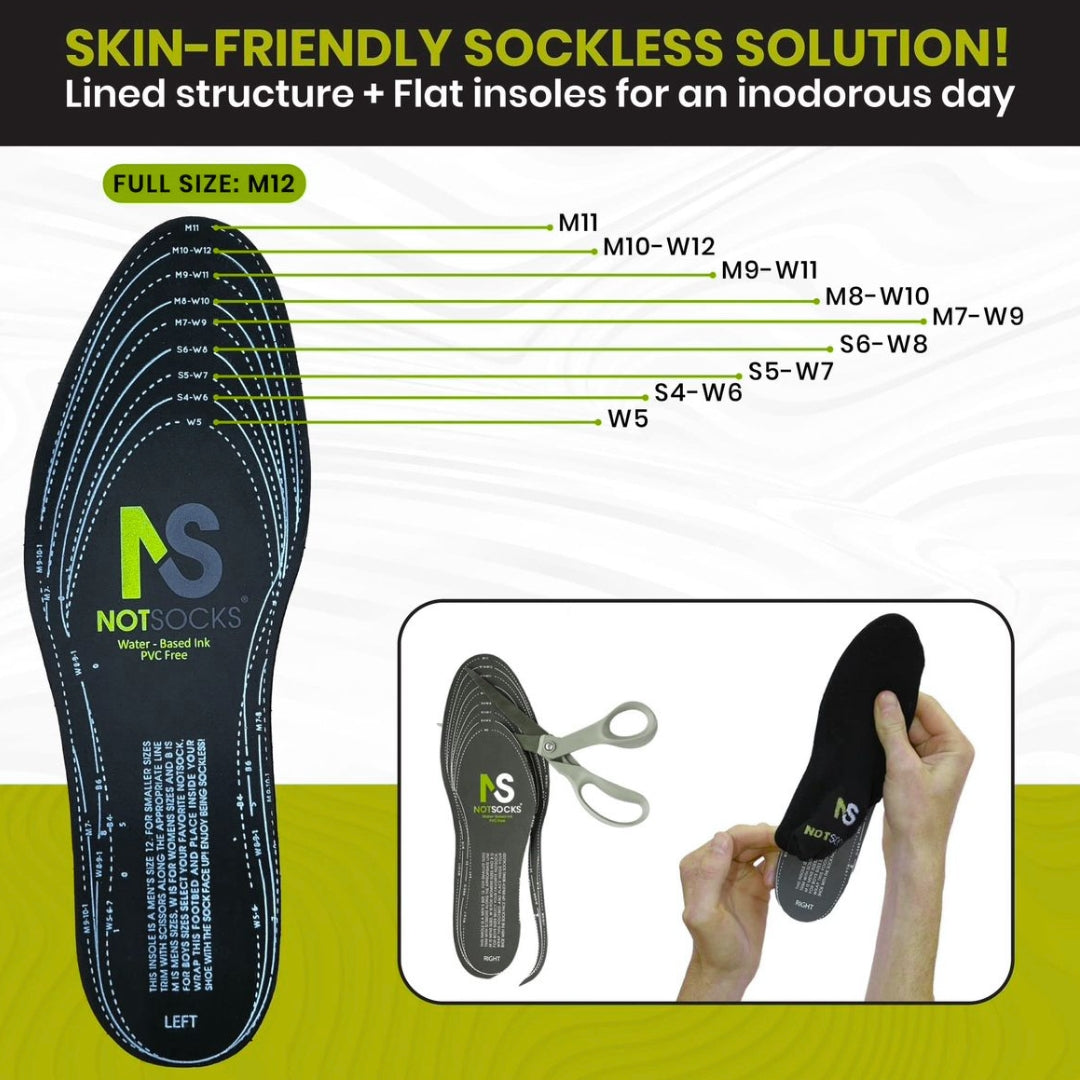NOTSOCKS skin-friendly insole with trim guide for sizes M12 to W5, showing scissors and shoe insertion steps.