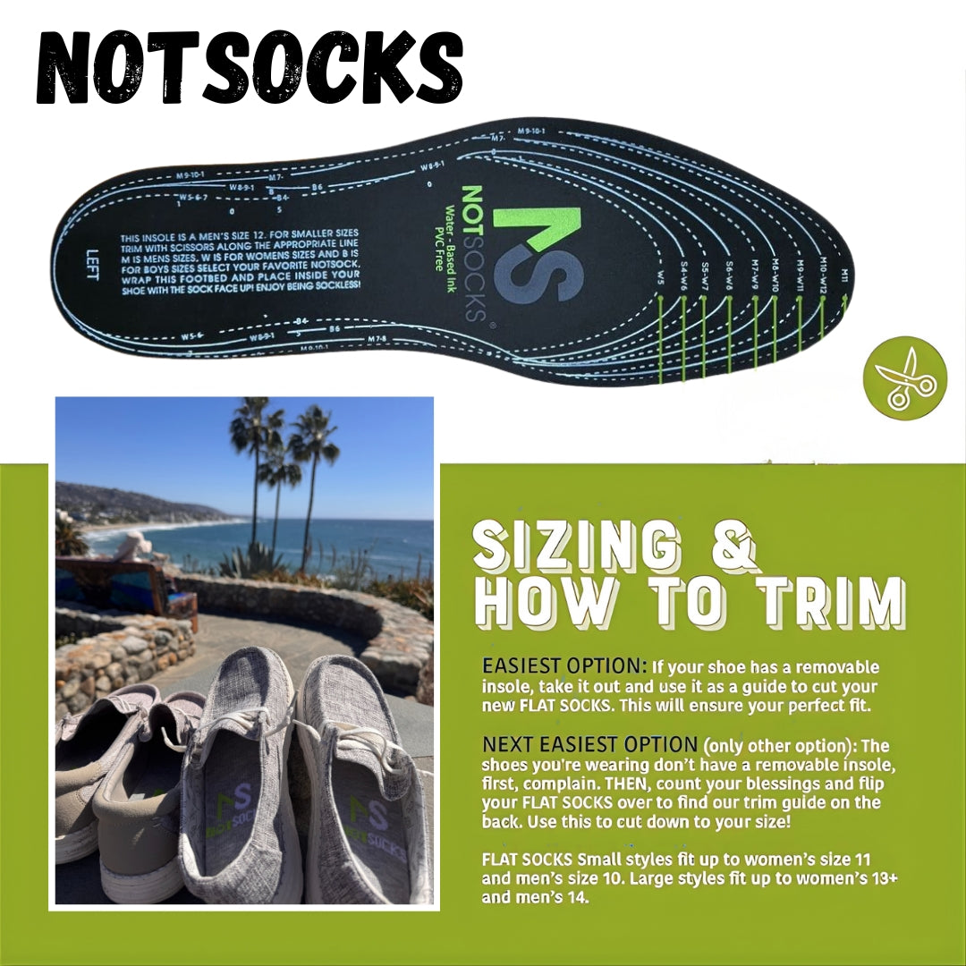 NOT SOCKS instructional graphic showing trim guide for insole sizes and how to fit inserts into shoes.