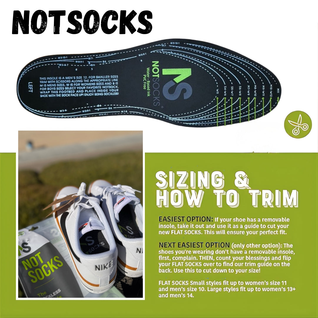 NOT SOCKS flat sock insole with trim guide for sizes M6 to M12 and W8 to W14, shown with Nike shoes and packaging.
