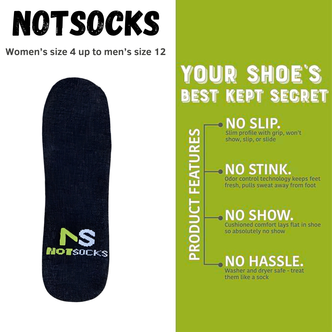 NOTSOCKS unisex insole ad for sizes W4 to M12 highlighting no-slip grip, odor control, and washer-safe design.