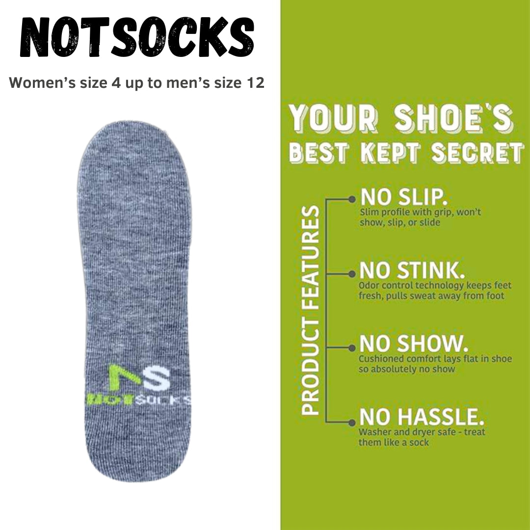 NOTSOCKS unisex insole ad for sizes W4 to M12 highlighting no-slip grip, odor control, and washer-safe design.